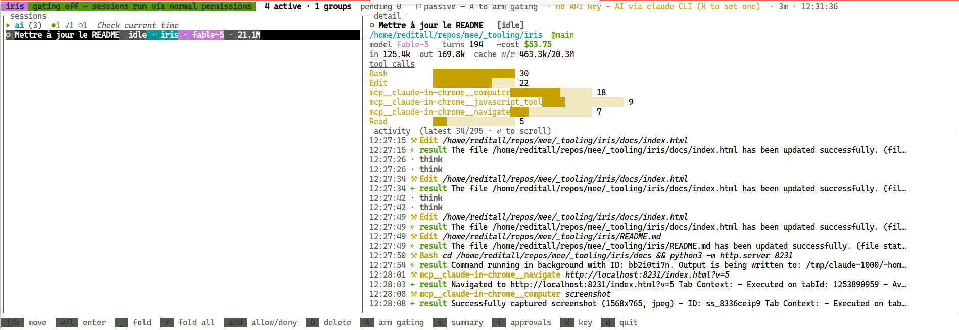 iris supervising two live Claude Code sessions — session list on the left; model, cost, token and tool-call breakdown plus the live activity feed on the right